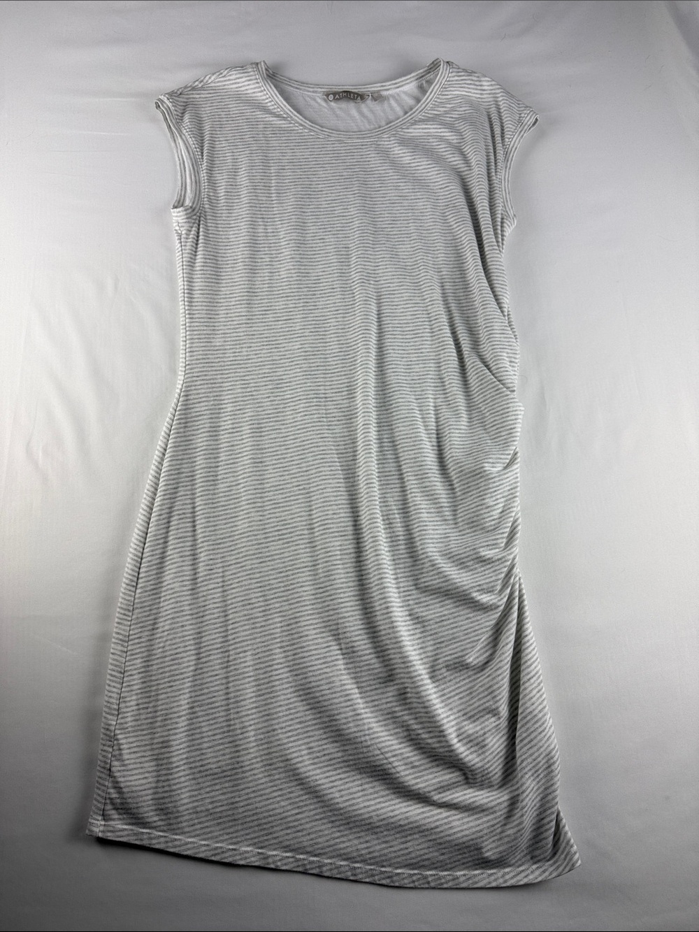 Athleta Gray White Striped Ruched Dress XL Soft Lined EUC